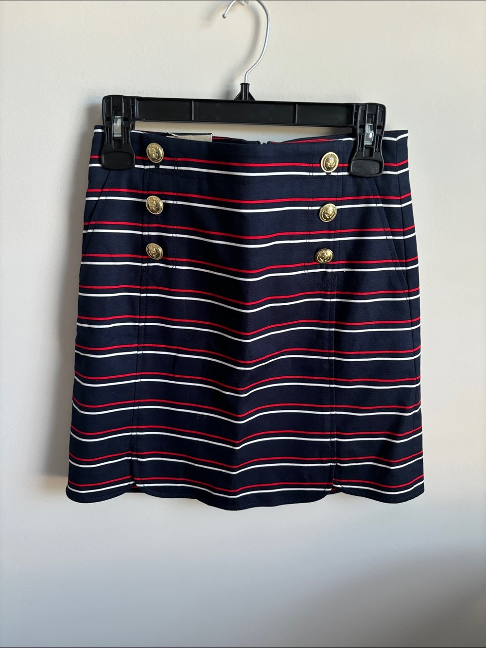 Navy Striped Button-Front Skirt with Gold Button